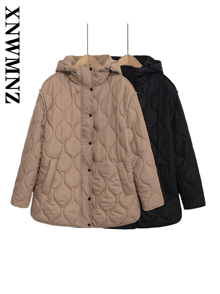 

XNWMNZ 2025 осенняя новая женская винтажная куртка с капюшоном и воротником с длинными рукавами, повседневное модное женское пальто на молнии
