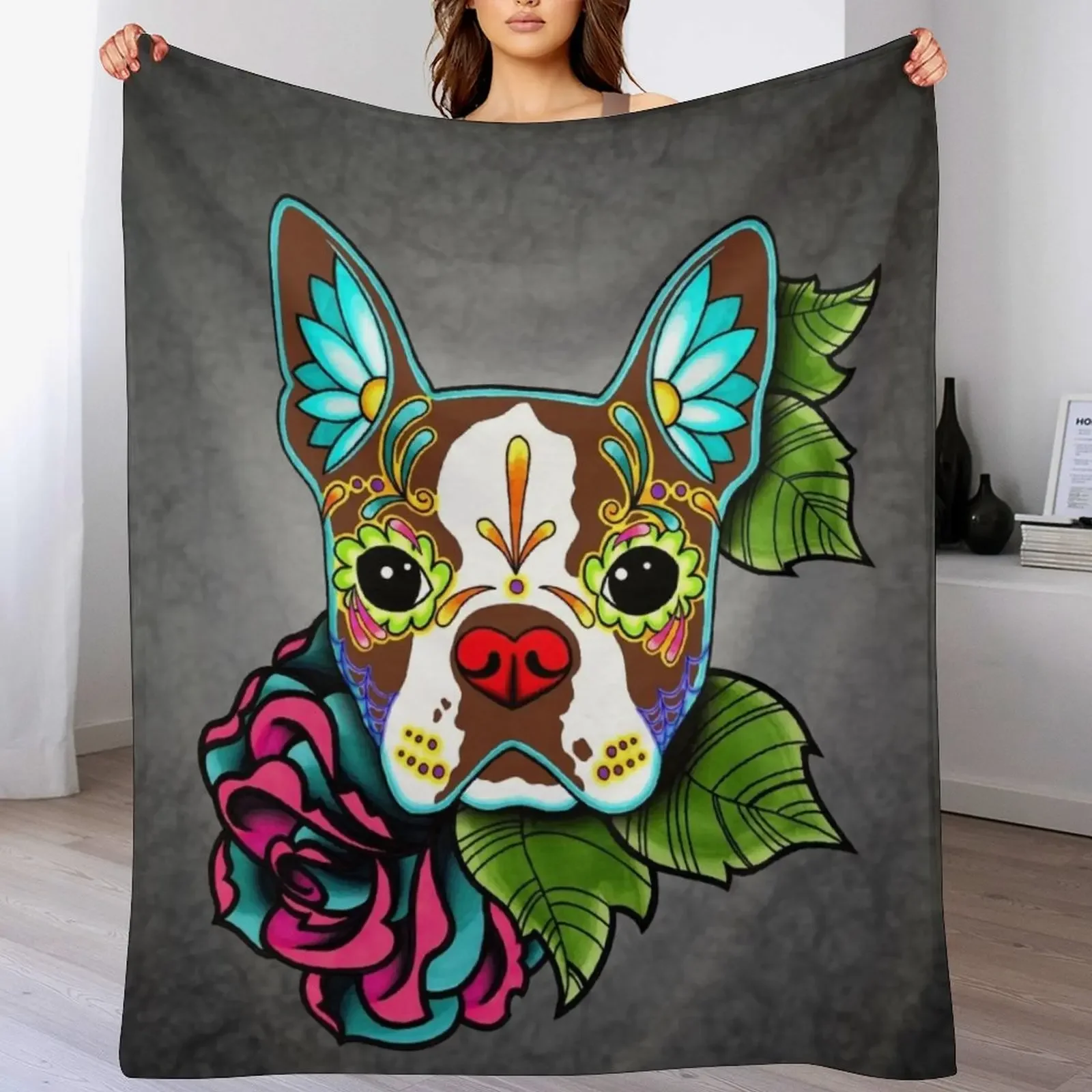 Boston Terrier in Red - Day of the Dead Sugar Skull Dog Throw Blanket Soft Sherpa Fleece Warm Blanket for Winter