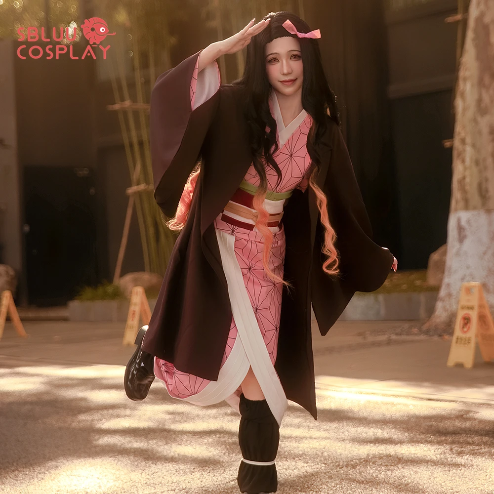 

SBluuCosplay Kamado Nezuko Cosplay Costume SR Quality Adult Bamboo Tube Prop Deep Brown Haori Women Halloween Christmas Outfit
