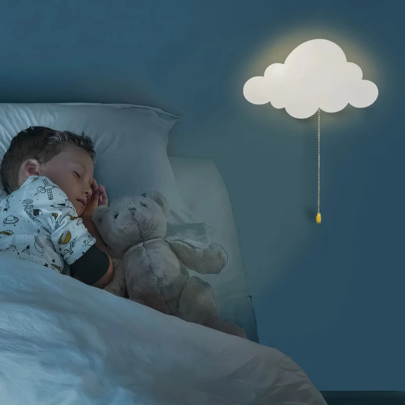 Floating Cloud Wall Lamp Battery Operated Night Light Pull Chain Wall Mounted Lamp for Kids Bedroom Nursery Home Indoor Decor