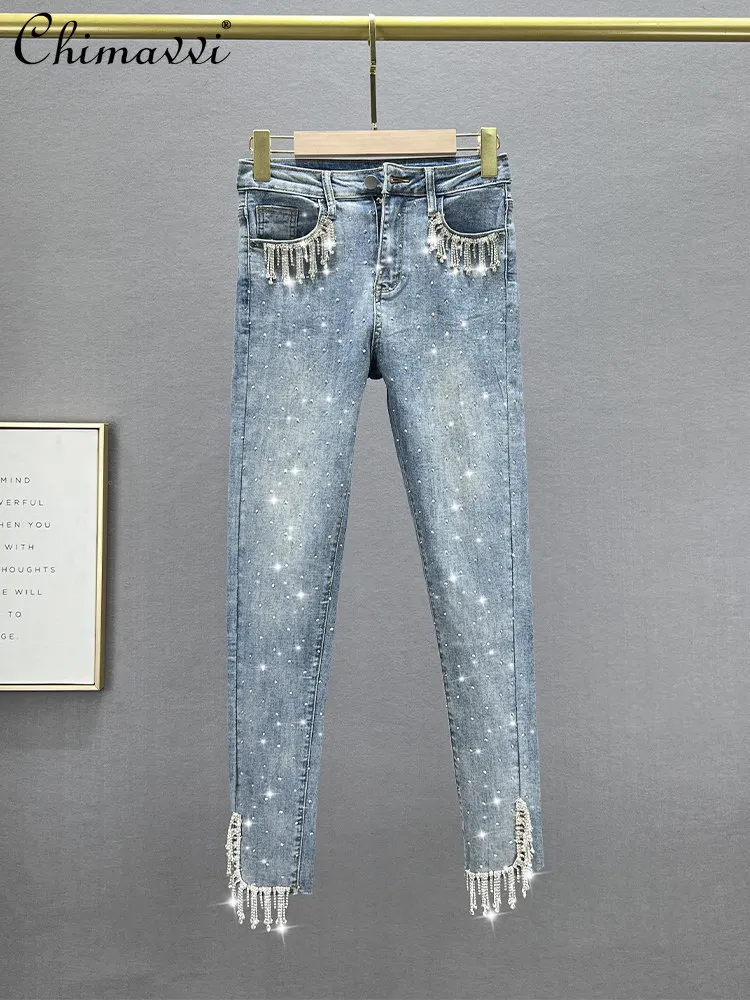 

Heavy Tassel Jeans Women Spring/Summer New Fashion Stretchy High Waist Slim Fit European Style Nine-point Ankle-length Pants