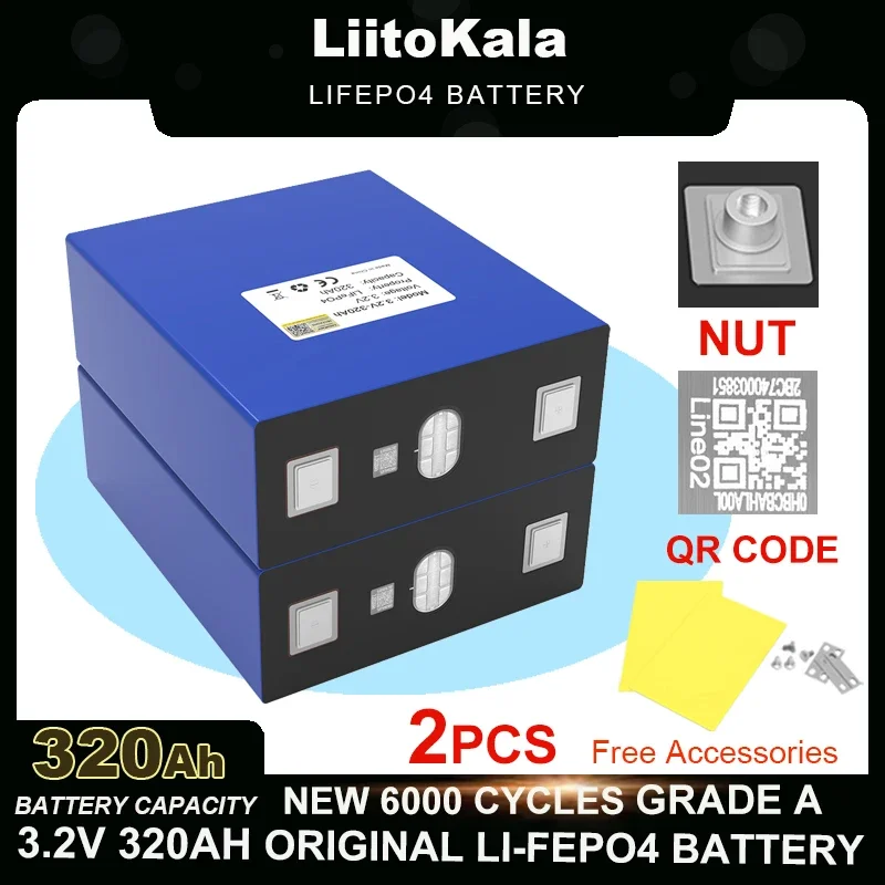 2pcs LiitoKala 3.2V 320Ah Lifepo4 Battery Lithium Iron Phosphate for 12v 24v inverter Travel Solar Campers batteries Grade A