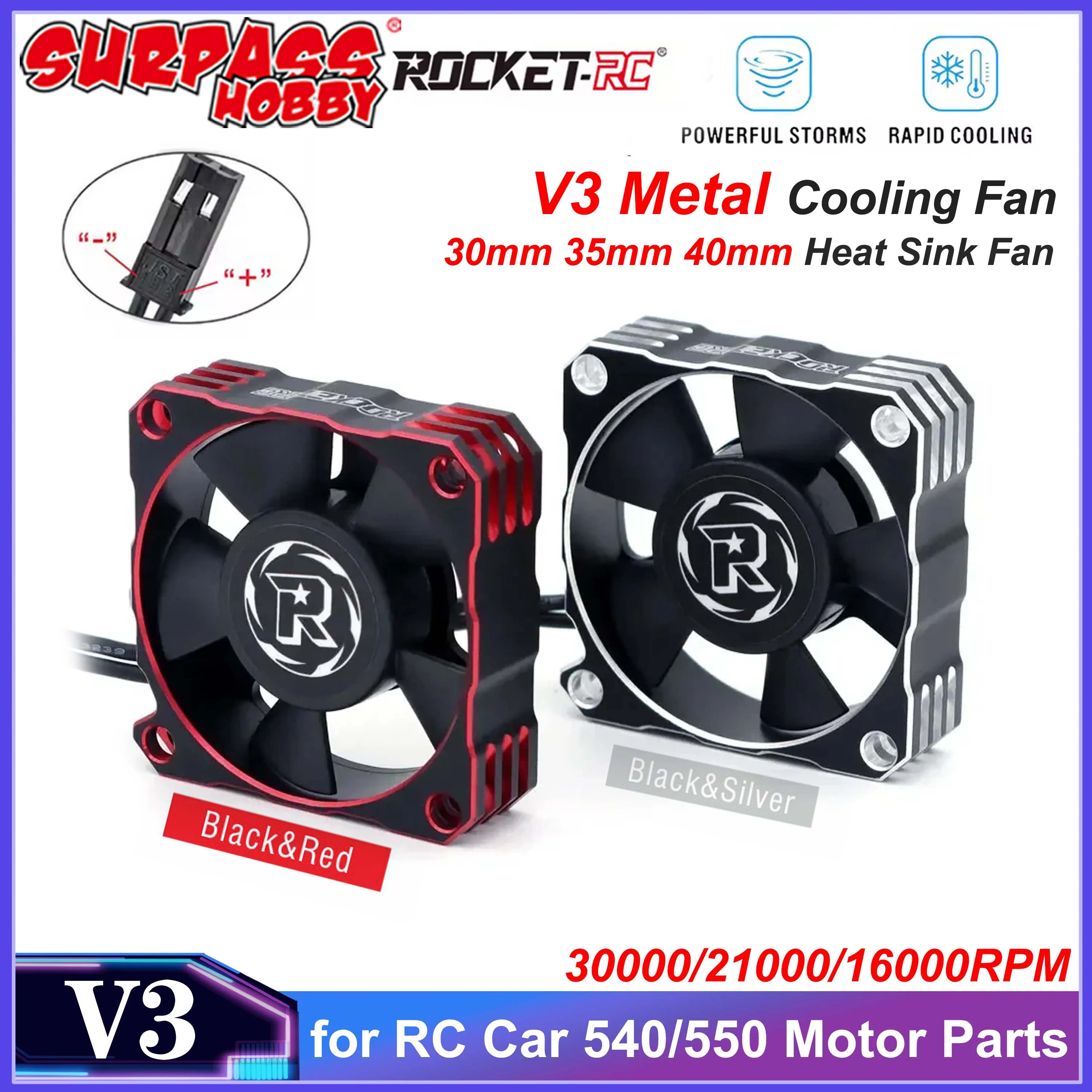 Rocket-RC V3 مروحة تبريد معدنية 30 مللي متر 35 مللي متر 40 مللي متر مروحة بالوعة الحرارة 30000/21000/16000 دورة في الدقيقة JST التوصيل ل 1/10 RC أجزاء السيارات بدون فرش