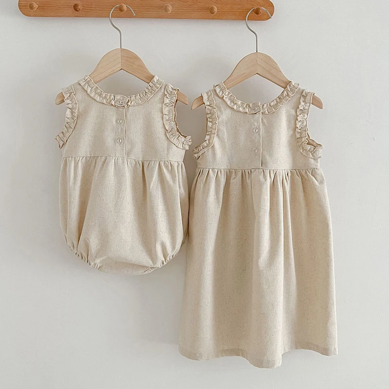 Newborn Toddler Baby Girls Pure Color Jumpsuit Summer Sweet Baby Girls Sleeveless Kids Princess Dress Girls Sister Clothes