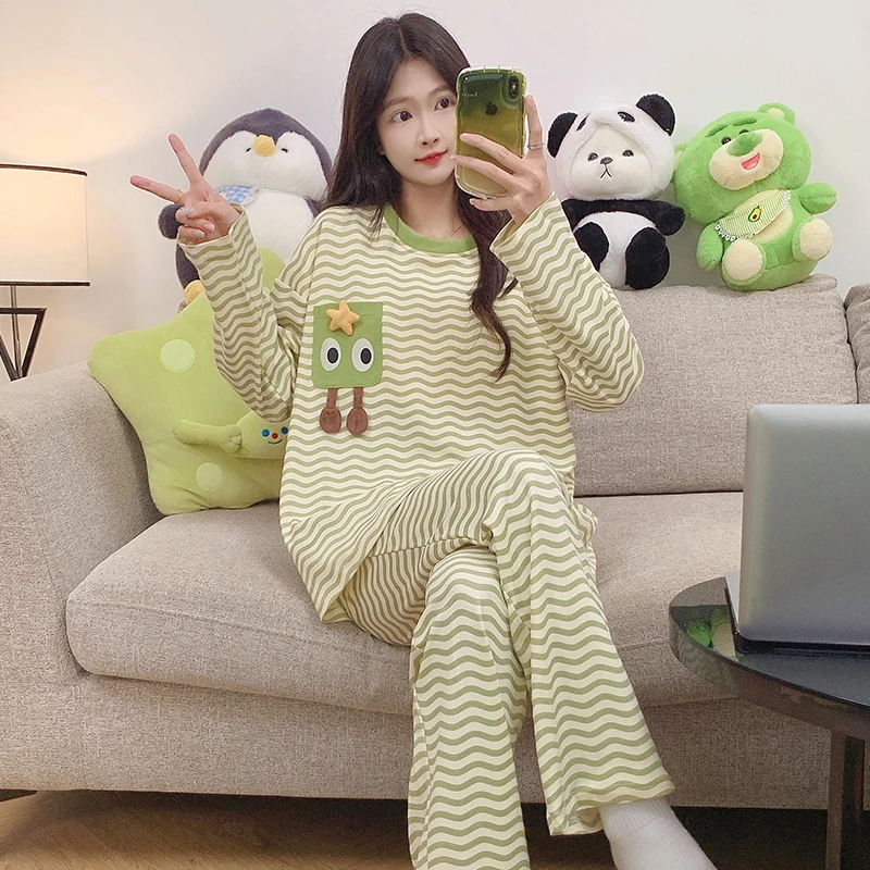 Stripe Green Pajama Set Women Cute Casual Sleepwear Long Sleeves Long Pants Autumn Winter Girls Pyjamas Soft Cozy Pijamas Ladies