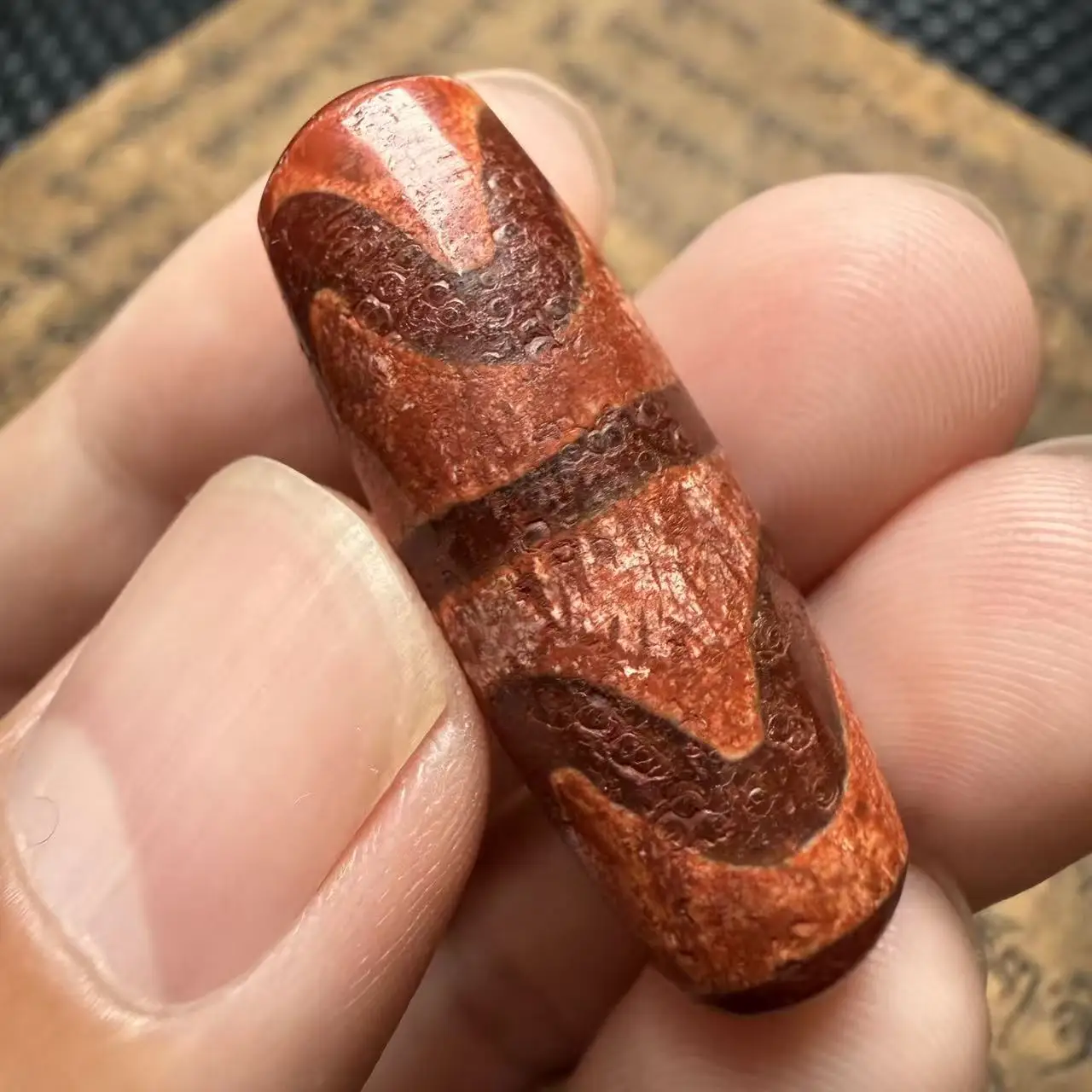 Rare Tibetan Old Agate DZi *Red Meat Double Tiger Teethl* Bead Amulet Pendant 36x12mm