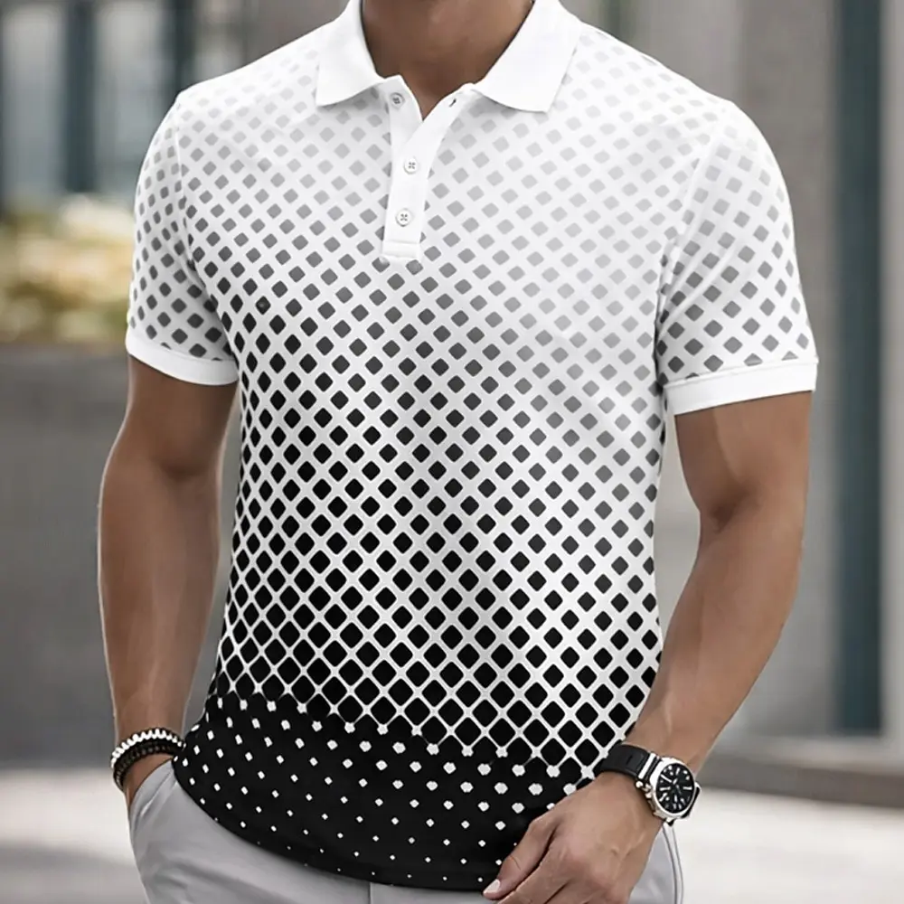 Modern Diamond Grid Polo Shirt Men Gradient Halftone Graphic Short Sleeve Tops Summer Fit Casual Male Polo New Men Clothing