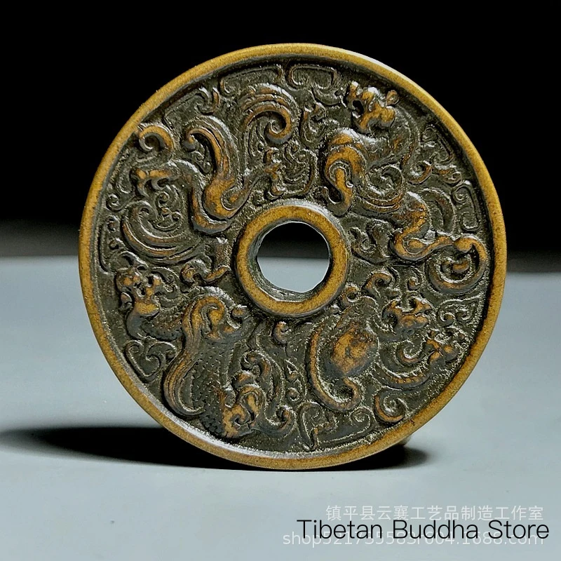 Ancient coin with four mythical beasts, round hole, aged patina, brass coin, Zhuque Qinglong Xuanwu The White Tiger Resents Mone