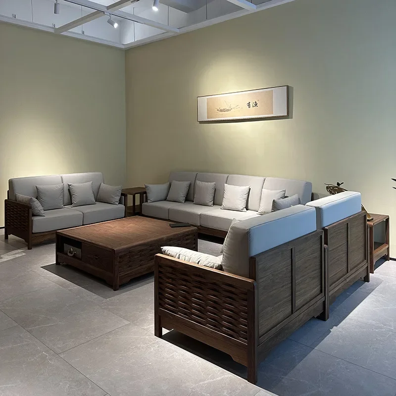 أريكة صينية جديدة أمريكا الشمالية الجوز الأسود زن غرفة المعيشة 123 مجموعة فيلا شقة كبيرة أثاث من الخشب الصلب والجلود #3