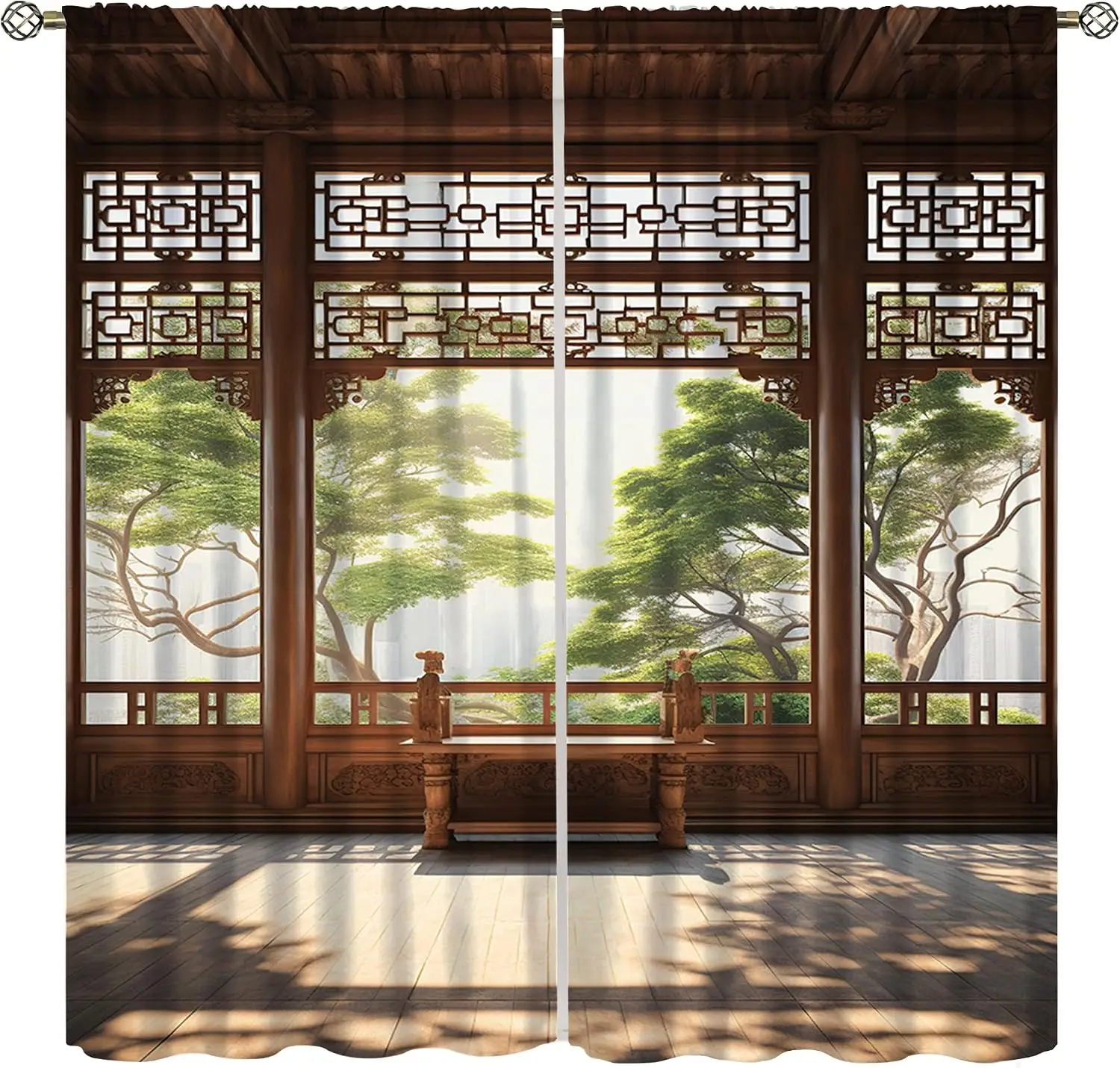 Zen Chinese Curtain Antique Wood Lattice Window Fresh Green Tree View Light Filter Drape For Living Room Bedroom Hotel Ornament