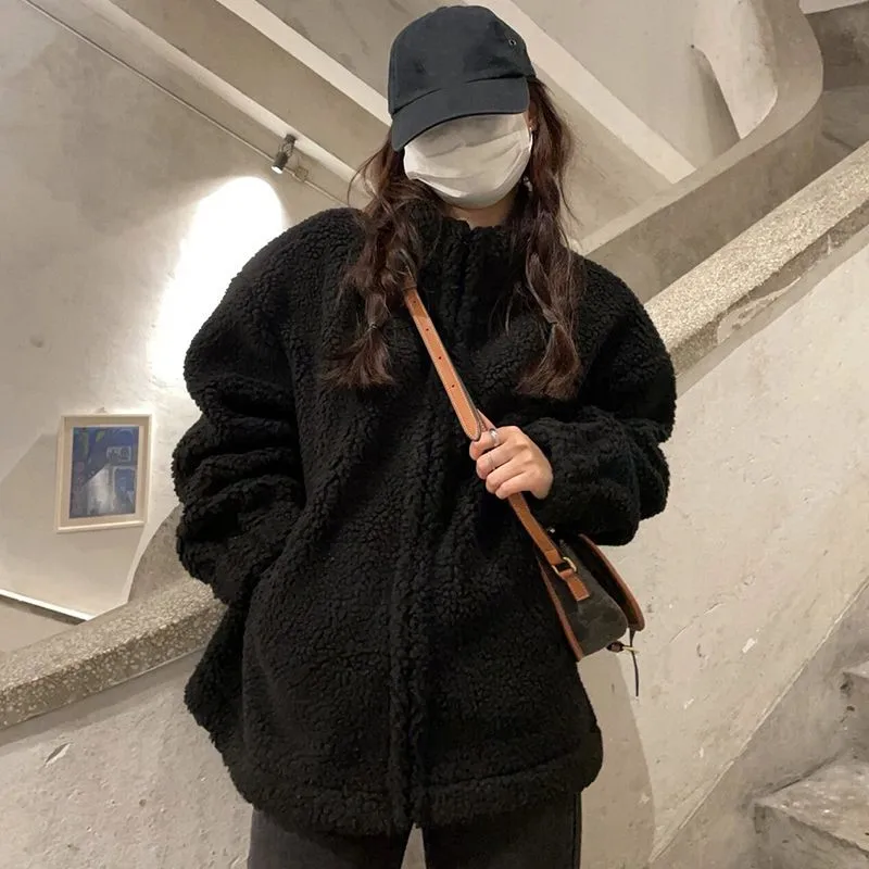 เสื้อสเวตเชิ้ตผ้าฟลีซแบบไม่มีฮู้ดสำหรับผู้หญิง แบบซิป Y2K สำหรับฤดูใบไม้ร่วง ระบายอากาศได้ดี ทรงโอเวอร์ไซส์ สไตล์นักเรียน สำหรับกิจกรรมกลางแจ้ง ถักนิตติ้ง