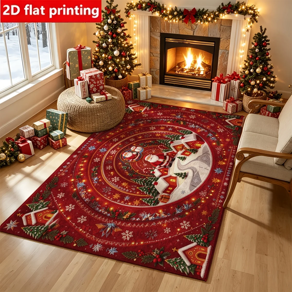 1pc 2D Flat Mandala Santa Claus House Snowflake Christmas Printed Floor Mat, Decorative Rug for Living Room, Bedroom, Home