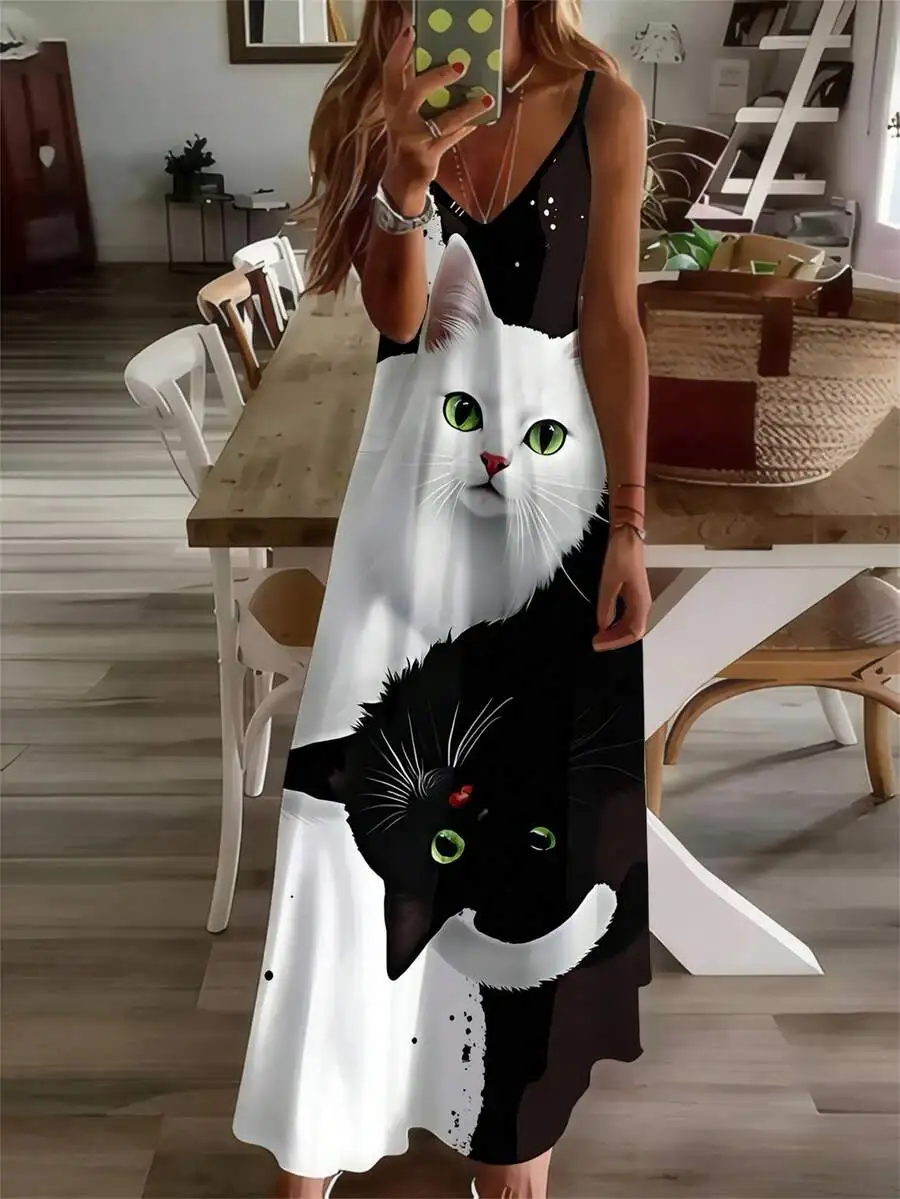 

Women V-Neck Sleeveless Maxi Dress Full Body Cat Print Spaghetti Strap Slip Loose Flowy Beach Dress