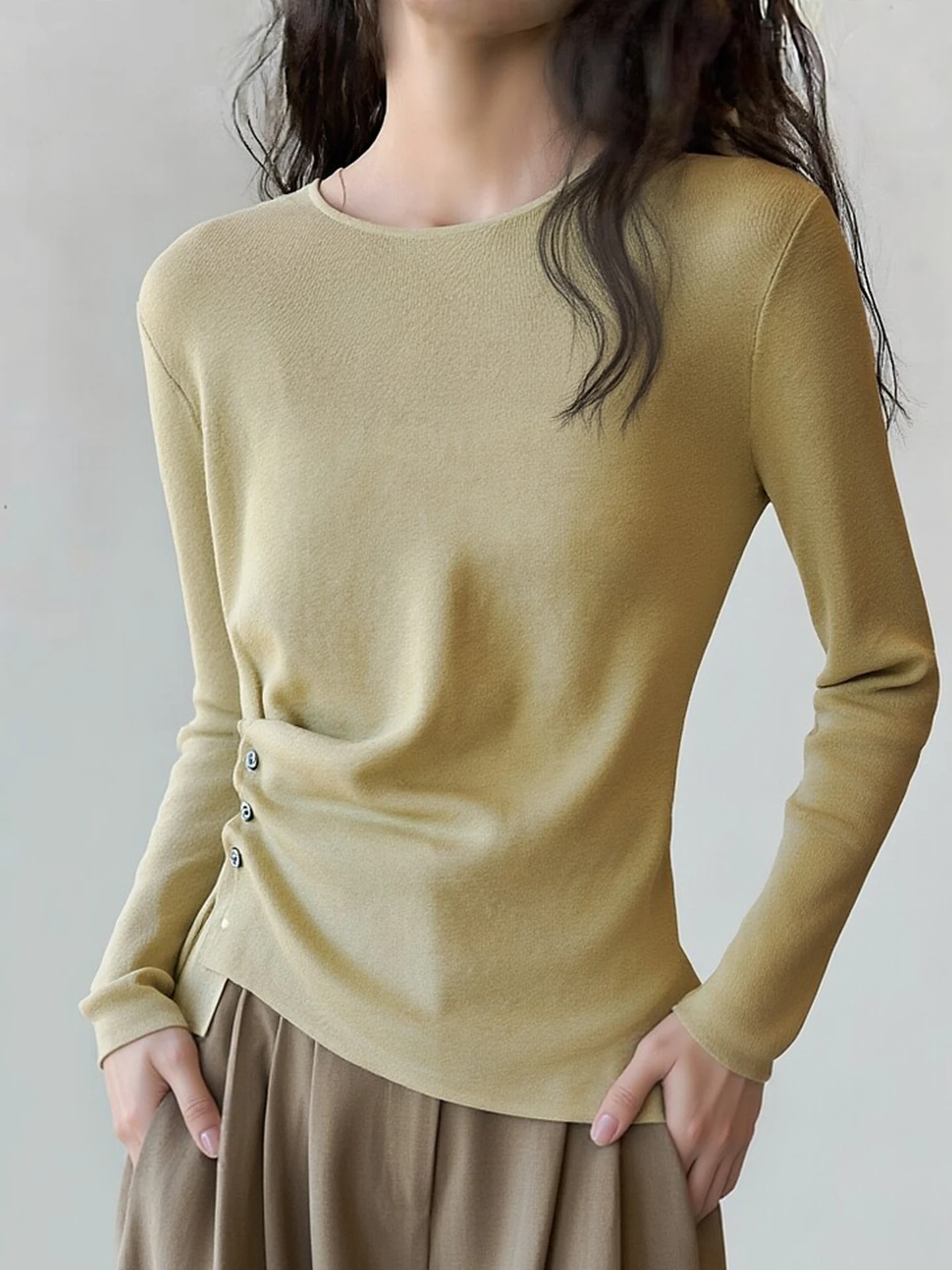 

Comfortable round Ne Knitted Long Sve irt Waist Inward Base irt Pure Color Faionable Top Winter Versatile Long Sle...