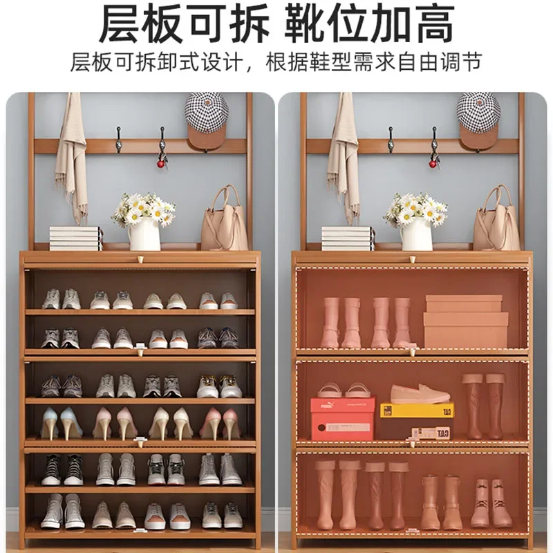 Natural Bamboo Entry Shoe Bench with Coat Rack 6 Shelf Floor Standing Dustproof Organizer for Home Foyer Entry Decor Storage