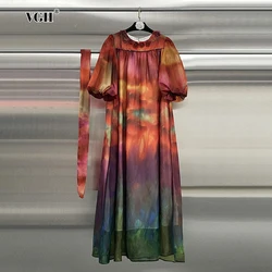 VGH Coloful Tie Dye Spliced Lace Up Long Dresses For Women Round Neck With Flowers Half Sleeves High Waist Elegant Dress Female