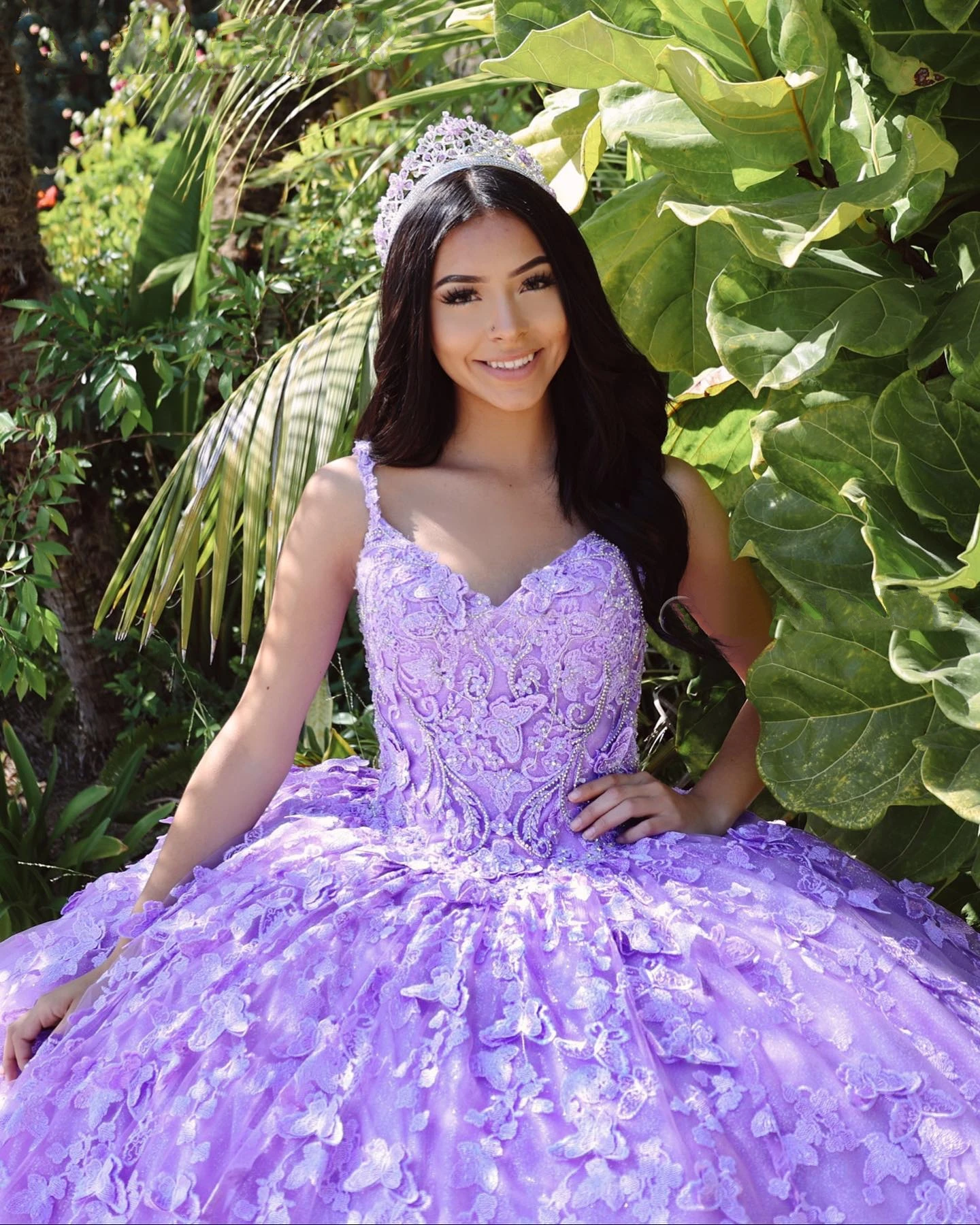 Lilac Lace vestidos de 15 años 2022 Cape 3D Butterfly Floral Puffy Ballgown Quinceanera Sweet 16 Dress Prom Quince Gown No-Light