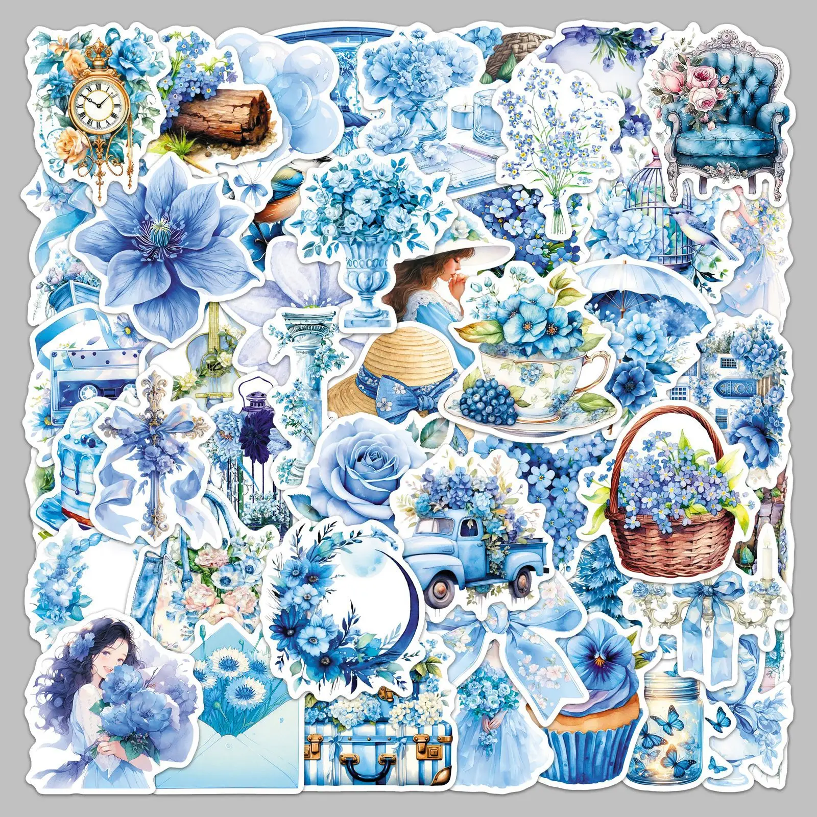 

50PCS Blue Watercolor Stickers PET Clear Transparent Blue Floral Vintage DIY Decorative Gift iPad Waterproof Stickers Kids Toy