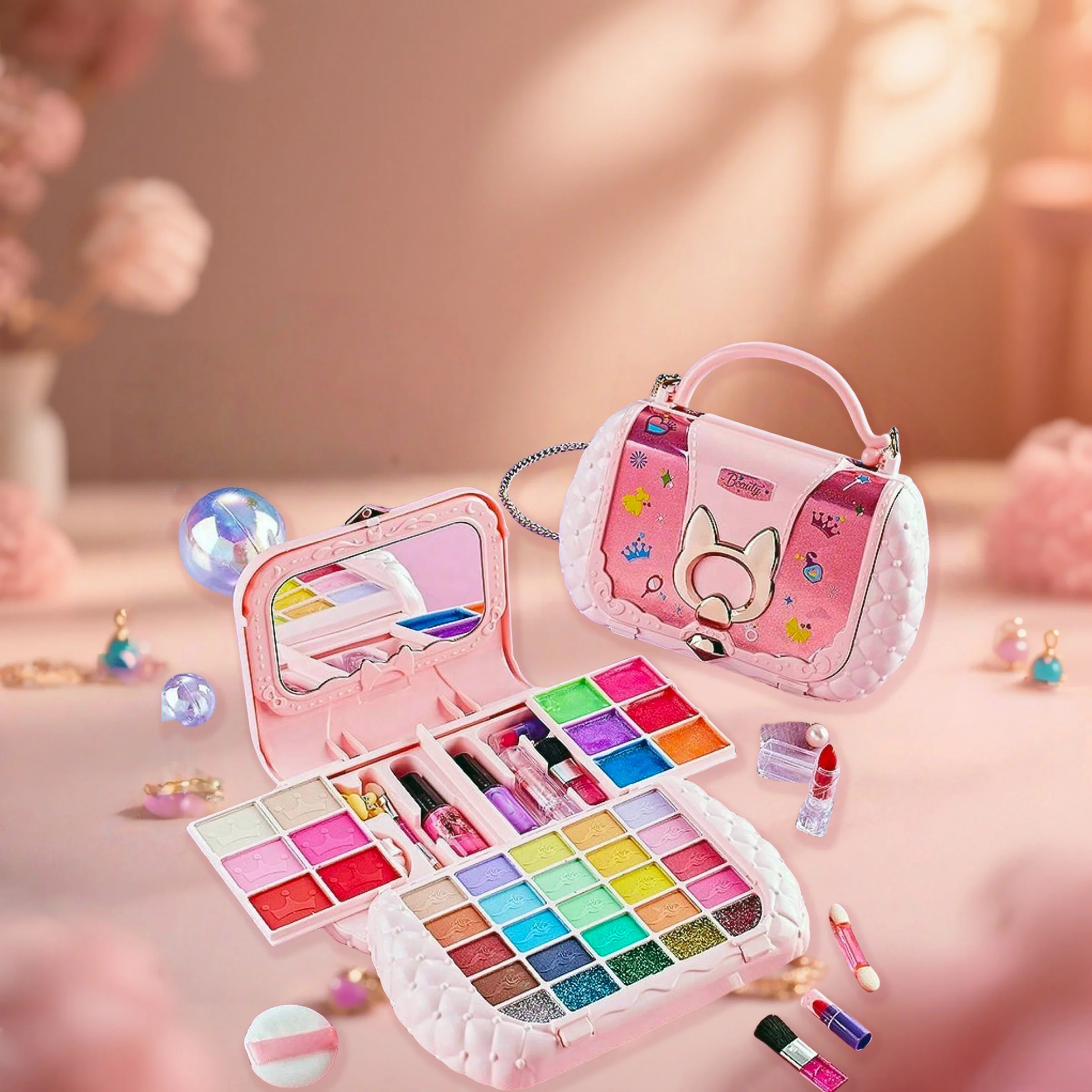 مجموعة مكياج للأطفال، مكياج قابل للغسل، مناسبة للفتيات، مجموعة مكياج منزلية قابلة للغسل، لعبة مع مرآة وصندوق مكياج، هدية عيد ميلاد آمنة غير سامة