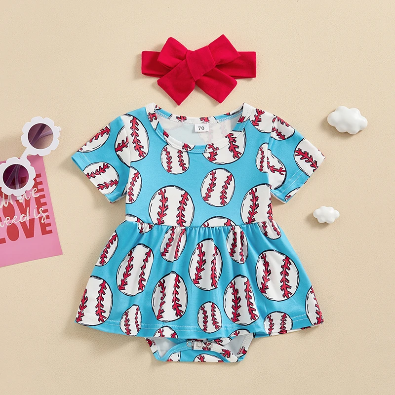 Newborn Baby Girl Outfit Short Sleeve Crew Neck Baseball Print A-line Romper Dress with Headband Summer Clothes