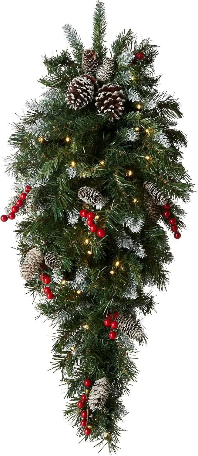 

36-Inch Pre-Lit Frosted Berry Artificial Christmas Teardrop with Pinecones, Red Berries, 50 LED Lights and Timer