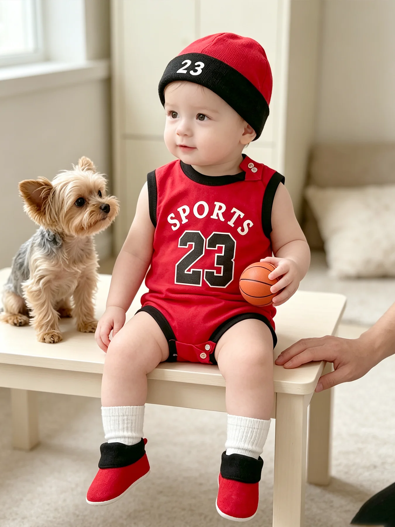 Nein. 23 Rot-weißes, farblich abgesetztes, ärmelloses 3-teiliges Activewear-Set aus Baumwolle für Baby-Jungen – ein lustiges und verspieltes Geschenkset für Fotoshootings – Detail 8