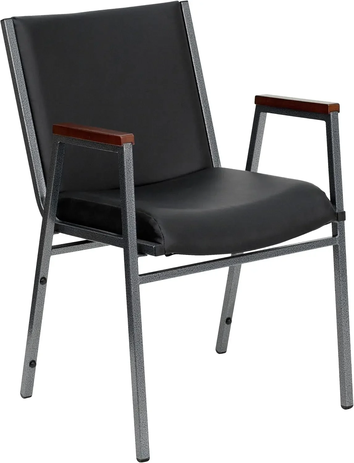 HERCULES Series Heavy Duty Black Vinyl Stack Chair with Arms and Ganging Bracket