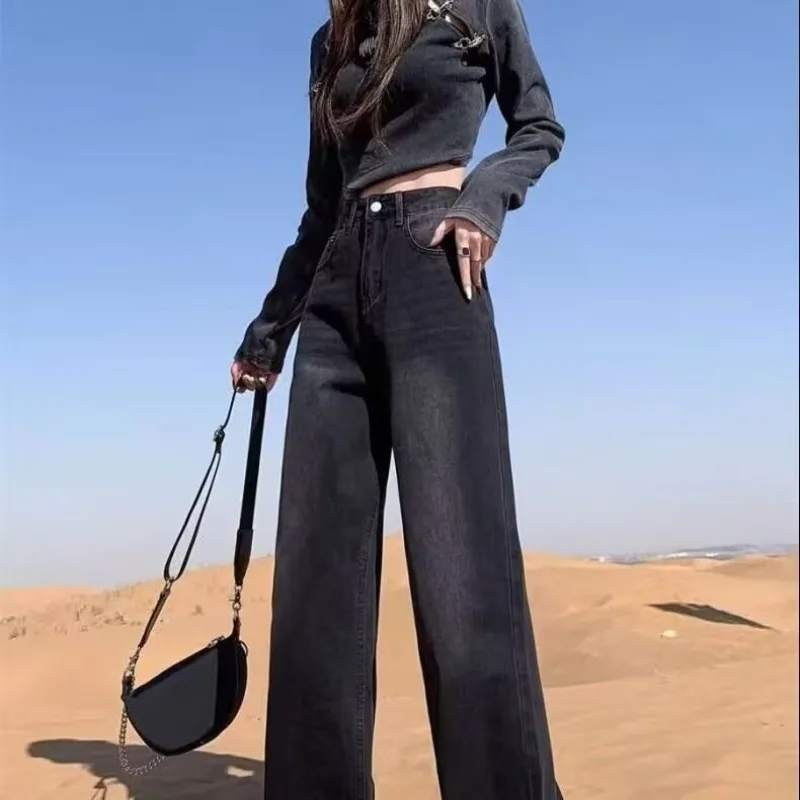 Women Y2K High Waist Black Washed Wide Leg Jeans Vintage Baggy Denim Pants Street Fashion