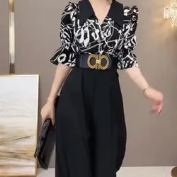 Vintage Stylish Printed Patchwork Jumpsuits Women's Elegant High Waist Summer Casual Turn-down Collar Wide Leg Long Jumpsuits