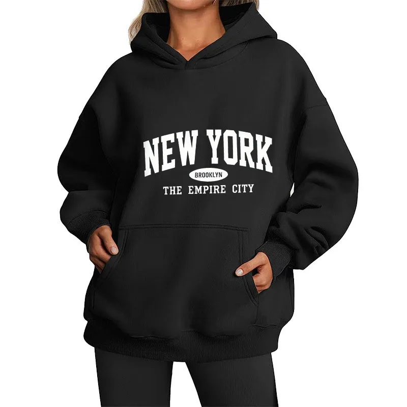 Fotografia 4: Moletom com Capuz Oversized com Estampa de Letras NEW YORK Brooklyn para Mulheres, Estilo Casual Streetwear, Pullover Masculino