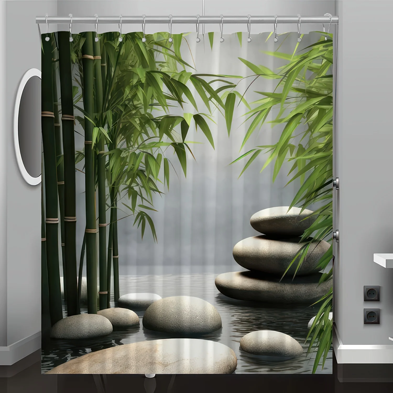 Cortina de ducha con estampado de bambú y piedra, poliéster, diseño natural sereno, bambú exuberante y hojas iluminadas por el sol, decoración de baño moderna, 1 ud.
