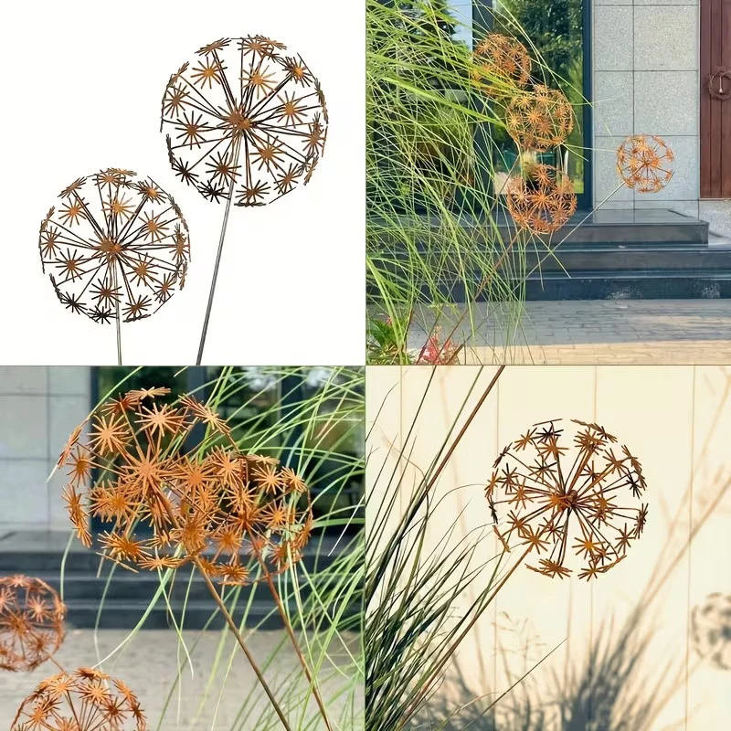 C 1pc Vintage Metal 3D Dandelion Garden Sculptures Dandelion Garden Stake Decoration Metal Outdoor Sculpture Outdoor Decor