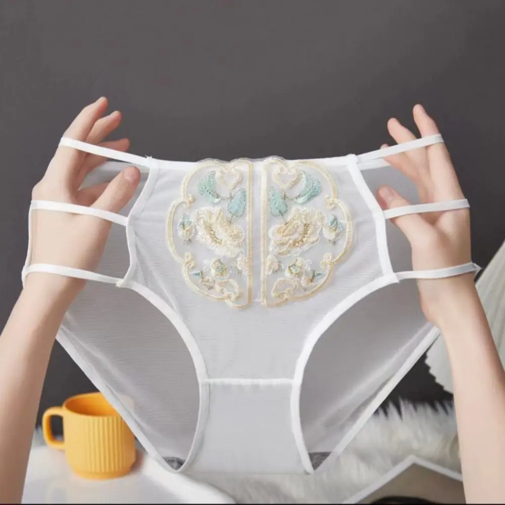

Трусы женские с тонким поясом, хлопковое нижнее белье с вышивкой в стиле ретро, сетчатые трусы со средней талией, прозрачное дамское белье