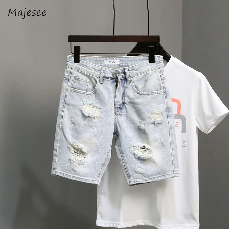 Cuffs Denim Shorts Men Slim Knee Length All-match Slouchy Summer Breathable Sporty Fitness European Style Retro Minimalist 2023