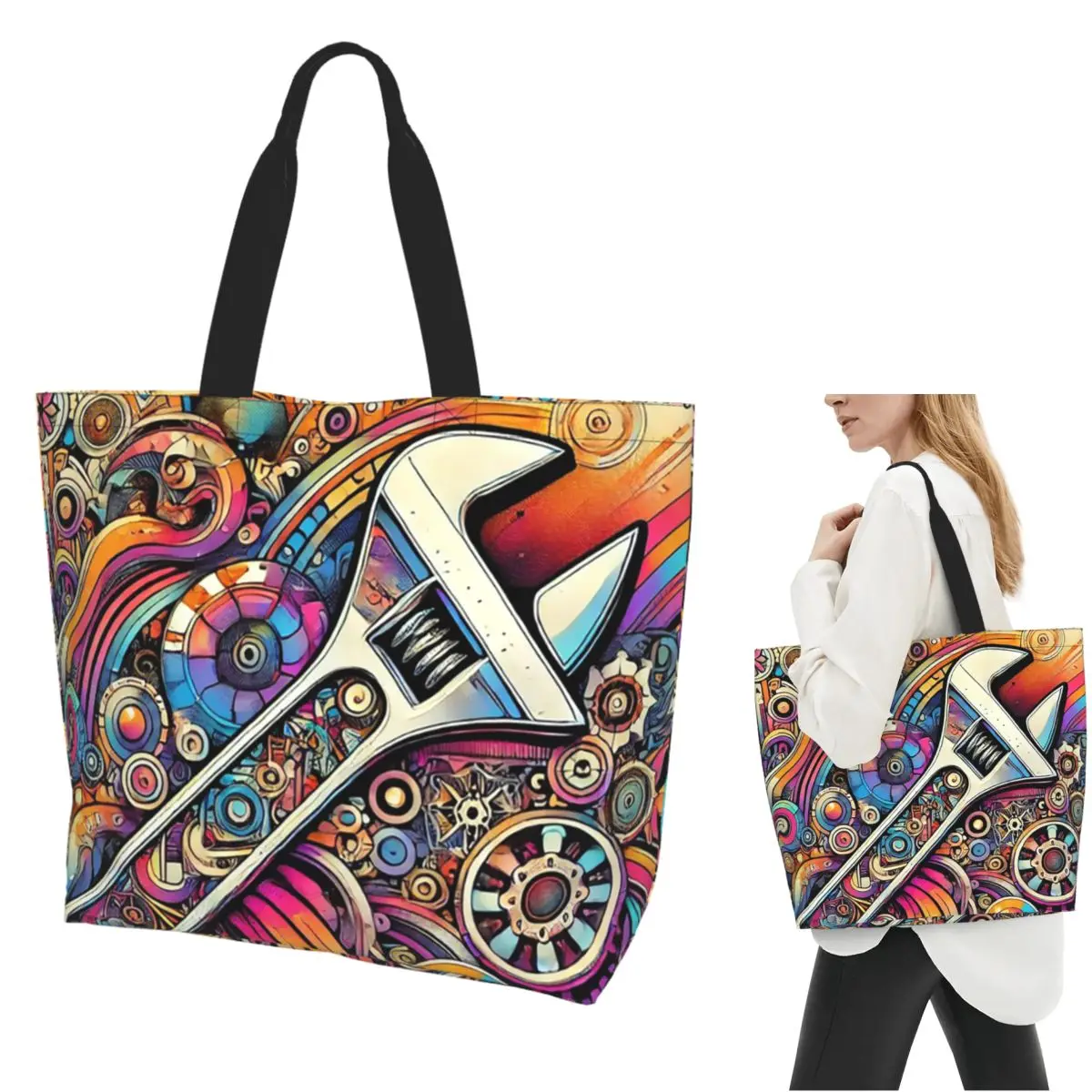 Colorful Mechanical Colorful Creative Shopping Tote Bag Canvas Large Capacity Shoulder Bags Shopper Grocery Handbag for Women