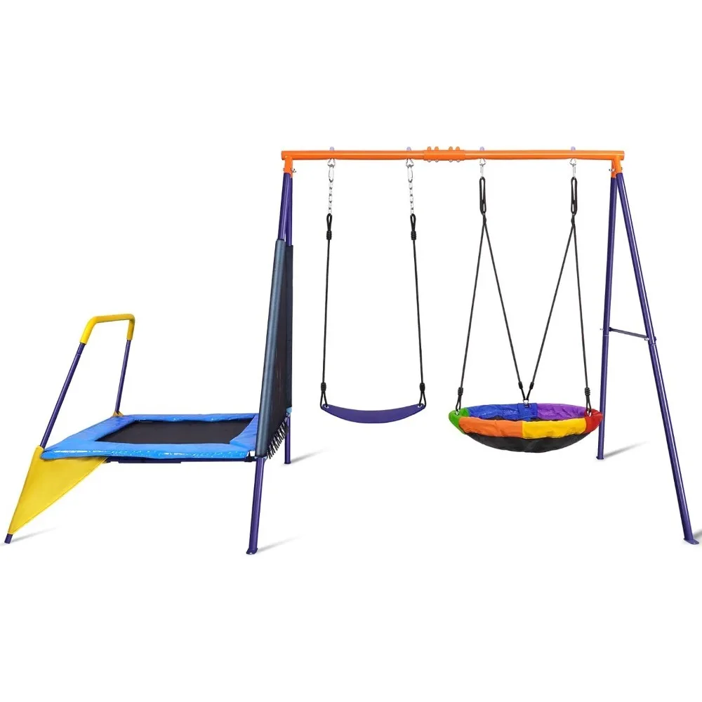 Swing Set for Backyard with Trampoline 440lbs Swing Set with Heavy-Duty Metal A-Frame Outdoor Swing Set