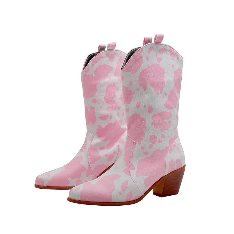 Western-Cowgirl-Stiefel mit Kuhmuster für Damen, Retro-Spitze, Blockabsatz, Halbhohe Stiefel für Party, Konzert, Alltag und Freizeitkleidung – Detail 13