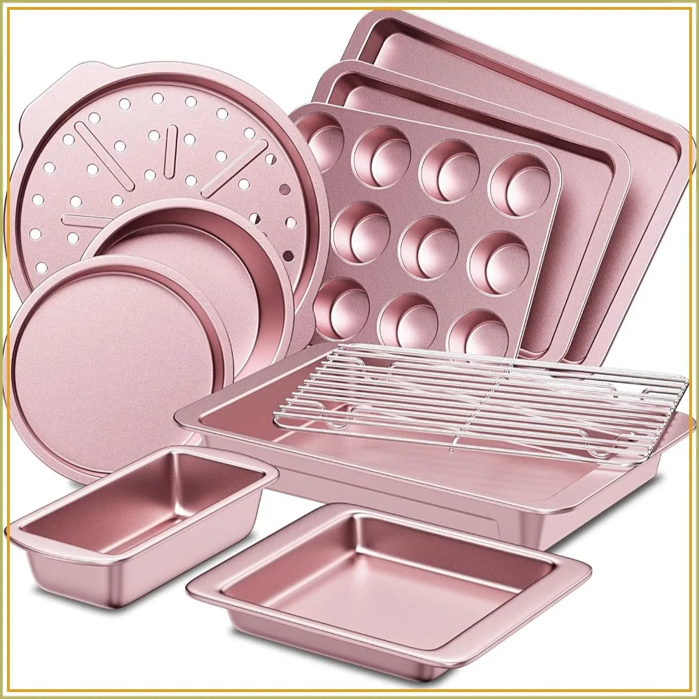 

10-Piece Nonstick Baking Set with Wider Grips - Pink, Includes Rack, Cookie Sheet, Cake Pans, Muffin Pan, Pizza Pan