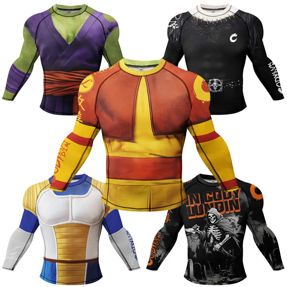 Rashguard wear mma camisetas masculinas camisa de compressão simulada manga longa camisas de boxe jiu jitsu manga longa rash guard surf nadar topos