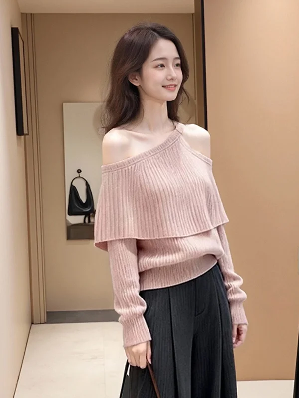Korean Style Pink Knitted Sweater Shoulder Bared Long Sleeve Inner Wear Fake Two-Piece Casual Daily Women's Fashion 2026 Spring
