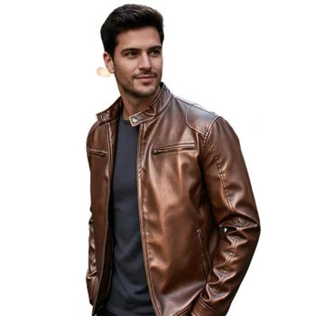 Men's PU leather jacket stand-up collar slim-fit vintage-style biker jacket spring/fall top 5