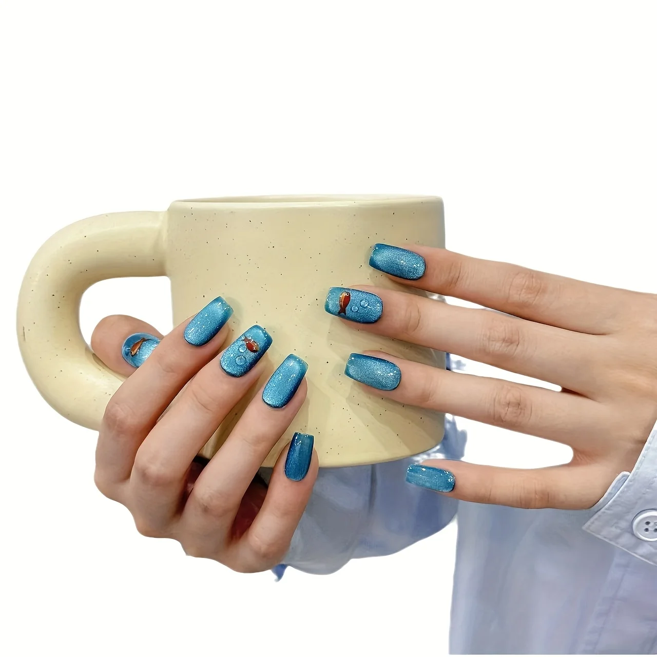 10 pçs high-end puro artesanal usar unhas bonito curto azul pérola de vidro olhos de gato unhas falsas artesanais, peixe amarelo e mar azul cuspir bu