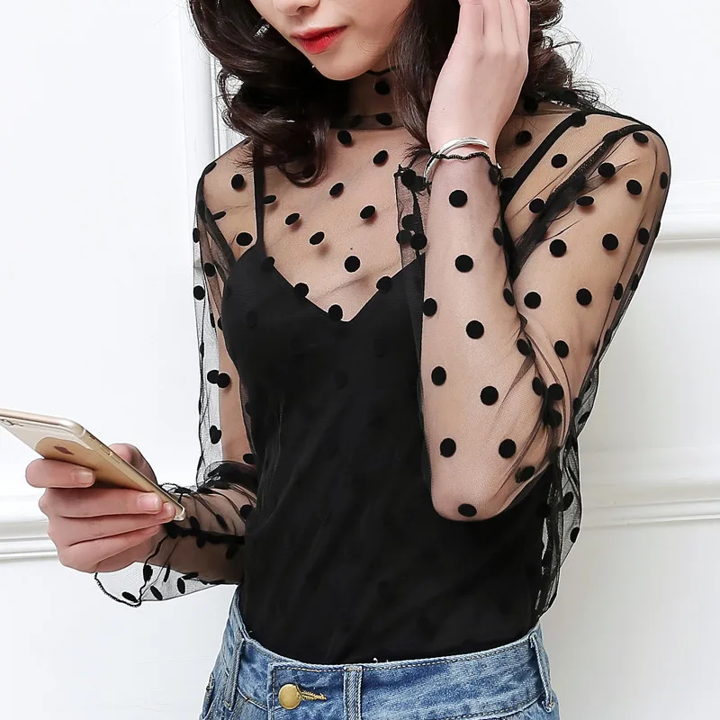 New Fashion Transparent See Through Shirt Women Sexy Black Lace Mesh Tops Casual Top Tee Shirt Sheer Elegant Women Shirt Summer