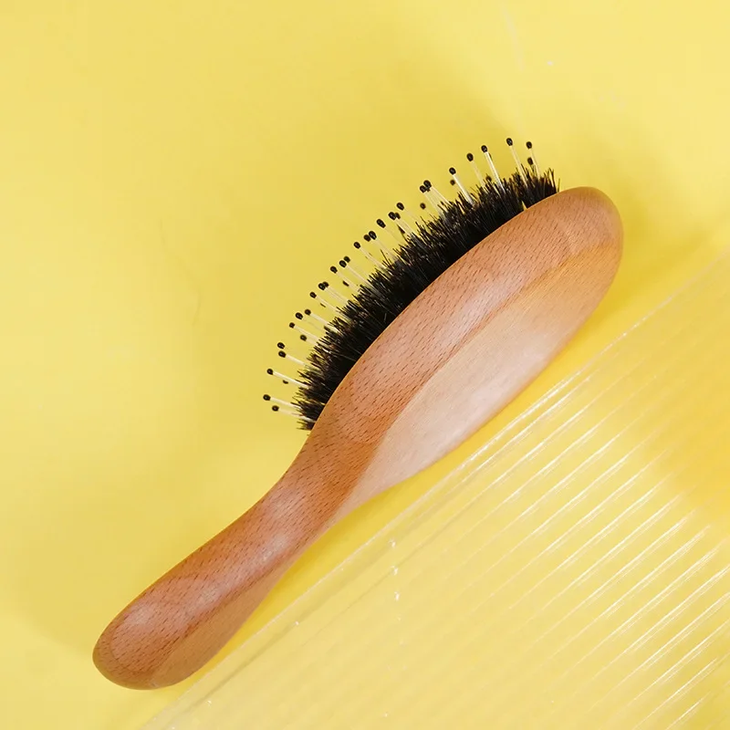 Brosse à Cheveux de Énergie du Cuir oral elu, Peigne en Poils de Sanglier, Bois Ovale Antistatique, Outil de Coiffure