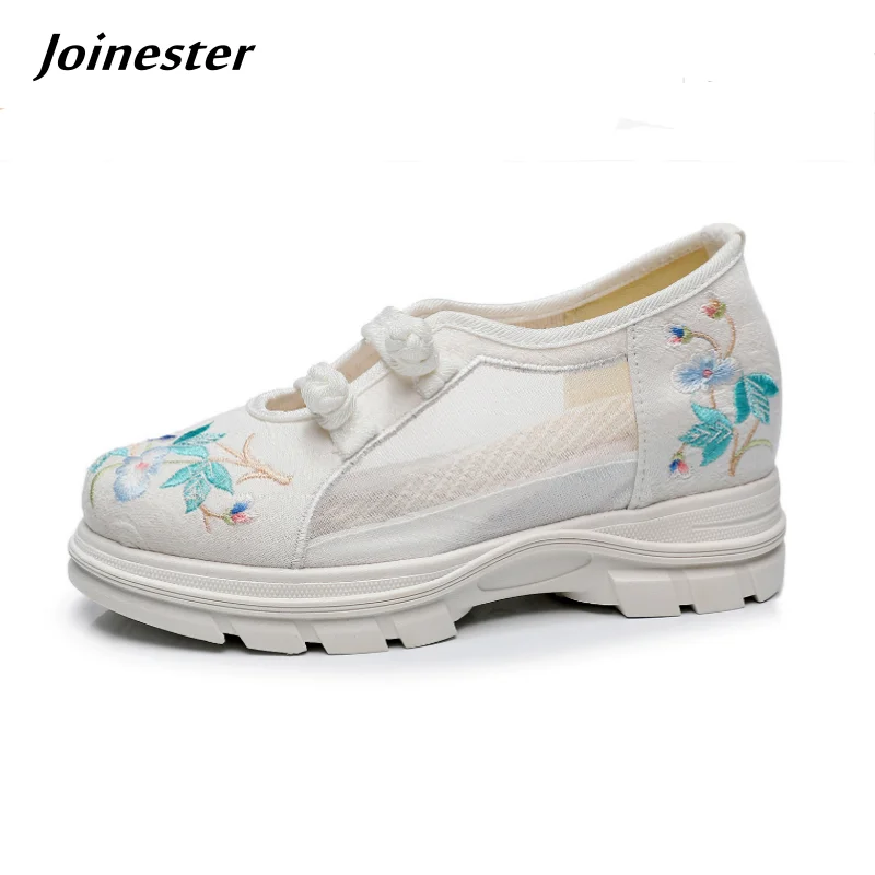 Women Floral Embroidered Breathable Mesh Casual Shoe Traditional Button Vintage Height Increased Summer Sneaker for Girls