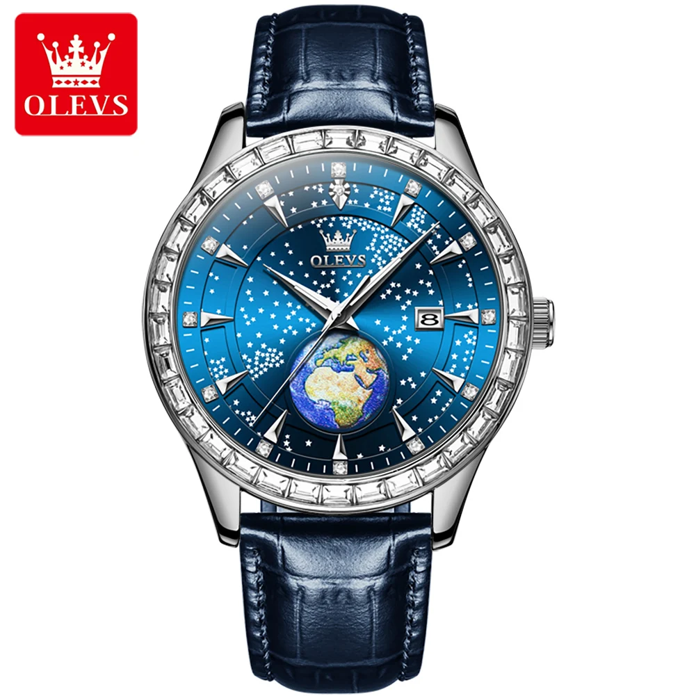 

OLEVS Men Watches Top Brand Original 9967 Quartz Wristwatch Watch for Man Cosmic Starlight Earth Luminous Dial Casual