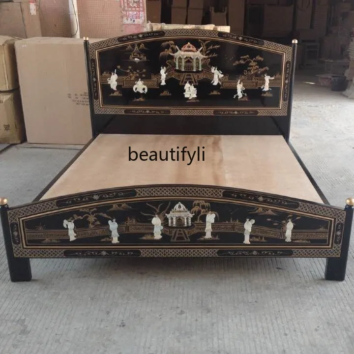 Bedroom Solid wood double bed Luodian craft shell lady pavilion painted, bright paint