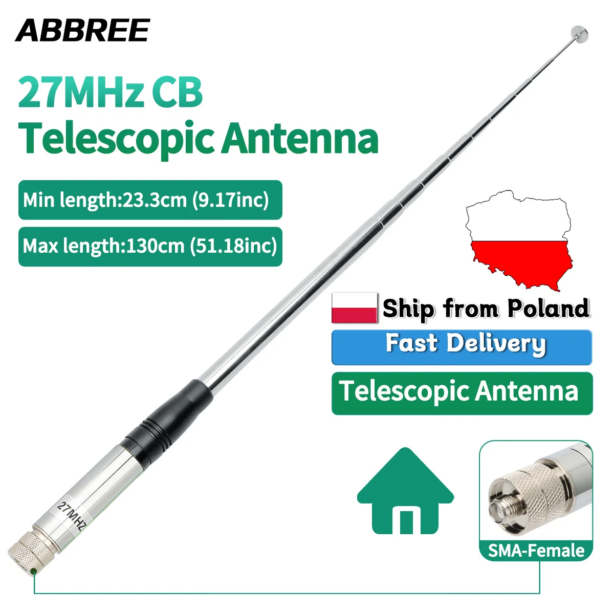 Antena CB teleskopowa ABBREE 27MHz z mocowaniem składanym 20W 2.15dBi do radiotelefonów CB Cobra, Midland, Uniden, Maxon, President, Anytone, Bajeton, Radtel