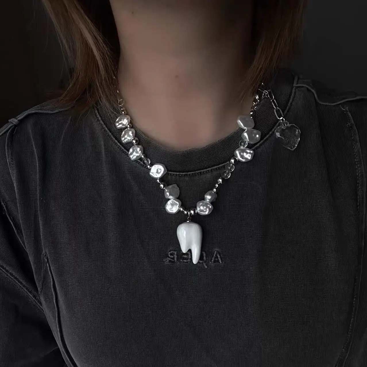 Trendy Punk New Necklace Retro Gothic Irregular Pearl Tooth Pendant for Woman Bar Party Club Jewelry