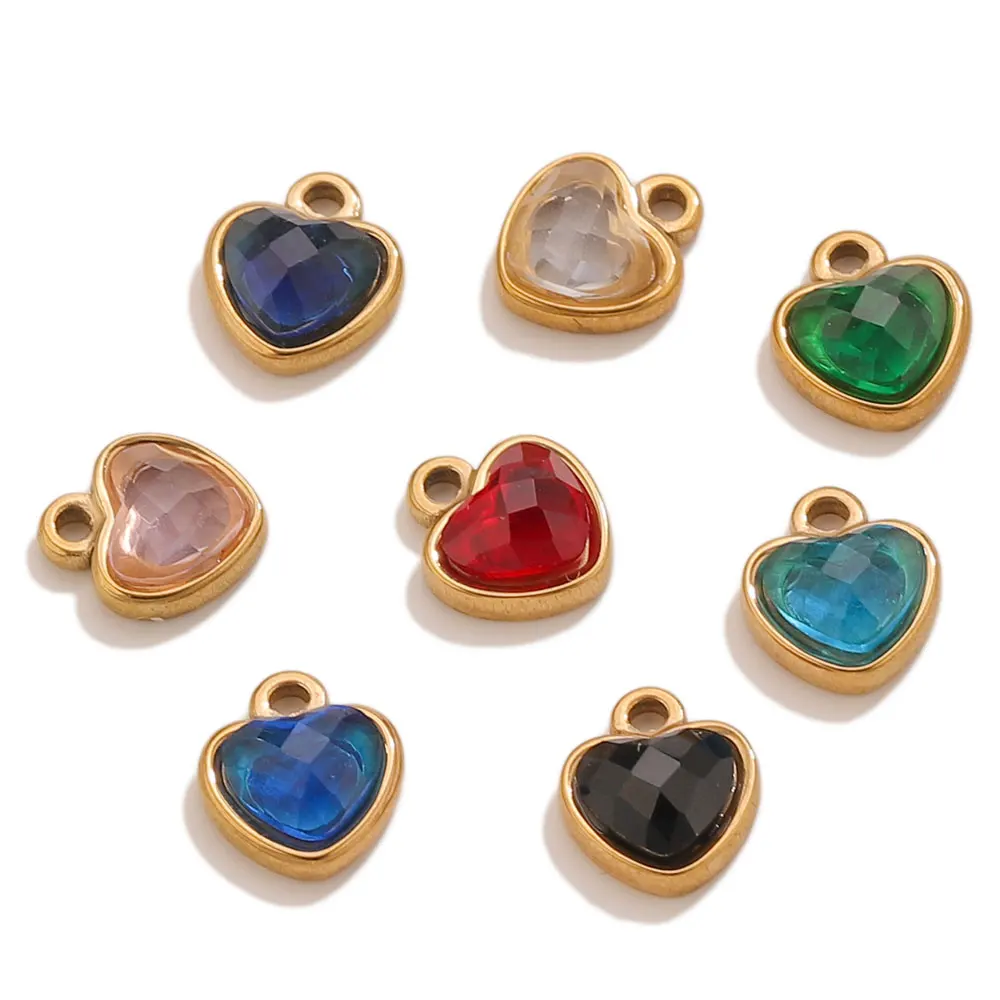 5pcs Sainless Steel Zircon Heart Charms For Jewelry Making Necklace Bracelet Birthstone Pendants DIY Jewelry Accessories Bulk